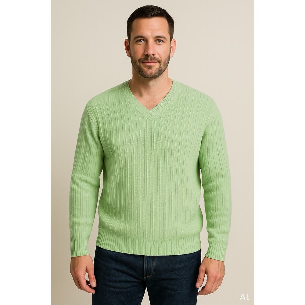 Loro Piana 100% Pure Cashmere Lt Green V-Neck Pullover Luxurious Men's‎ XXL Rare
